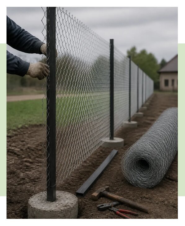 Монтаж забора из рабицы под ключ на участке в Касимах
